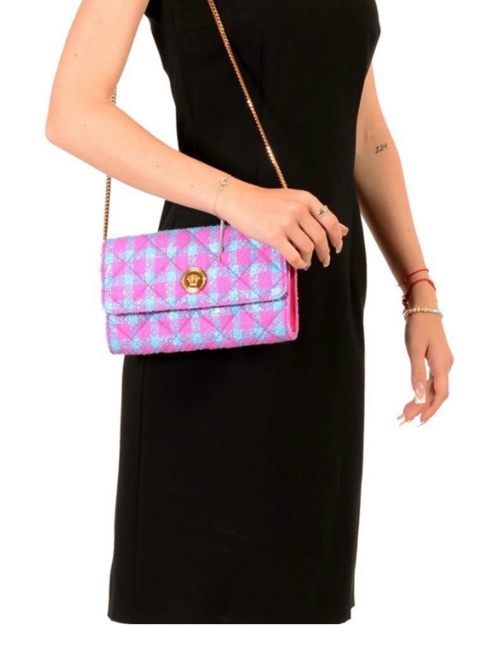 ✨💎NWT💎✨Versace Pink , Turquoise & Purple Tweed Wallet on Chain! - Picture 9 of 9